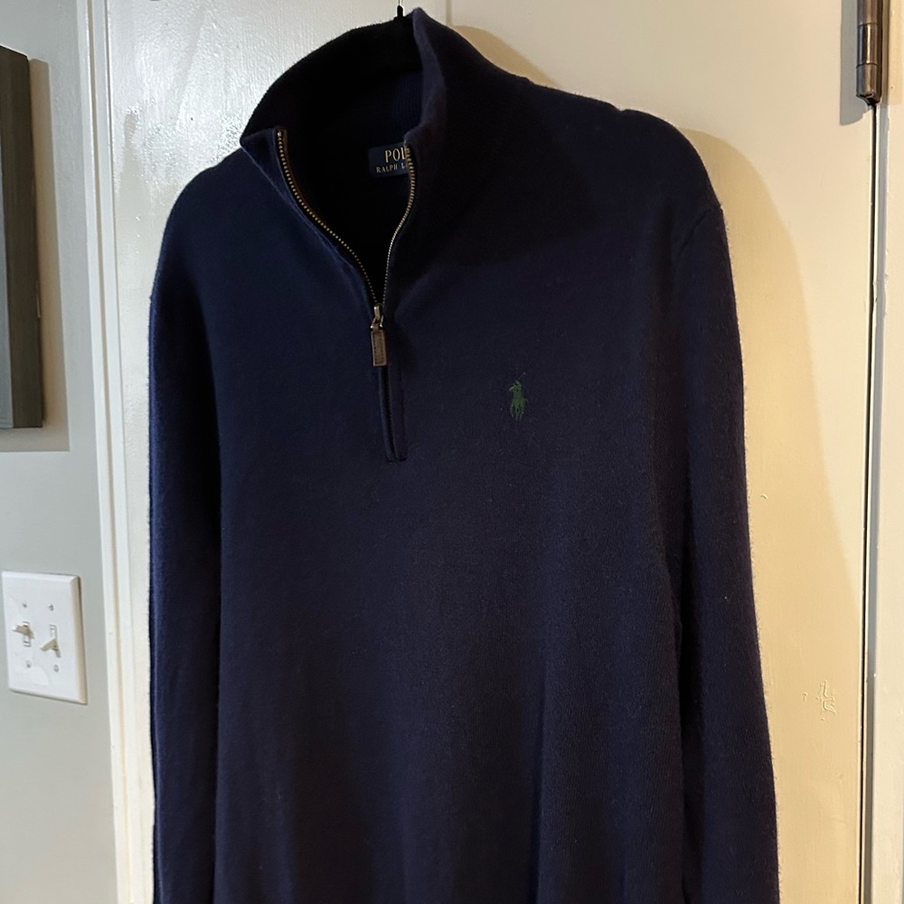 Ralph Lauren Men Polo merino wool sweater large quarter zip pullover navy blue L